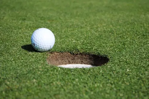 A golf ball is in the hole and it's next to the hole.