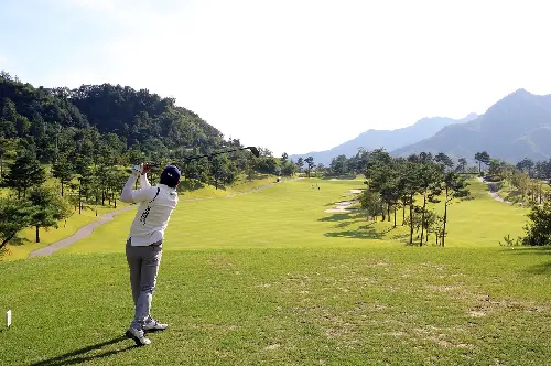 A man is playing golf on the green