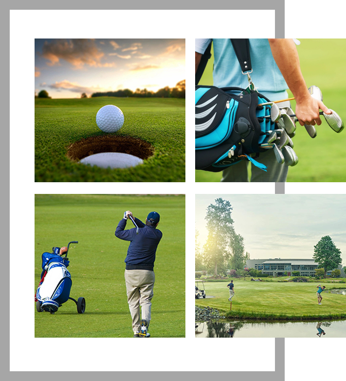 A series of four pictures showing people playing golf.