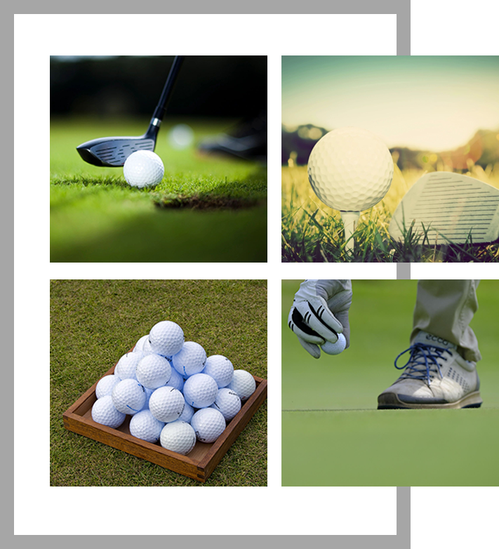 A series of four pictures with golf balls and shoes.