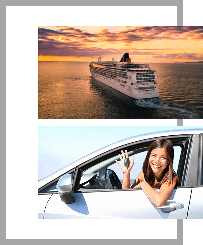 A woman sitting in the drivers seat of a car and a cruise ship.